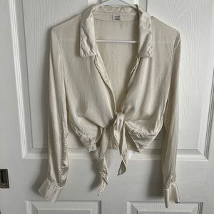 Aritzia Wilfred tie-front satin blouse in light birch